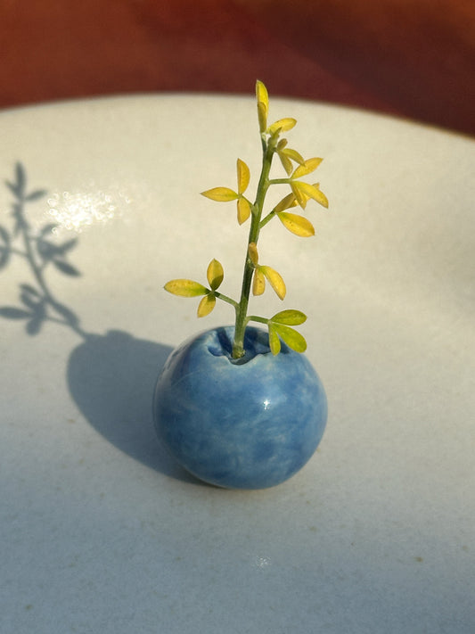 Mini ceramic blueberry vase with a small branch of yellow flowers