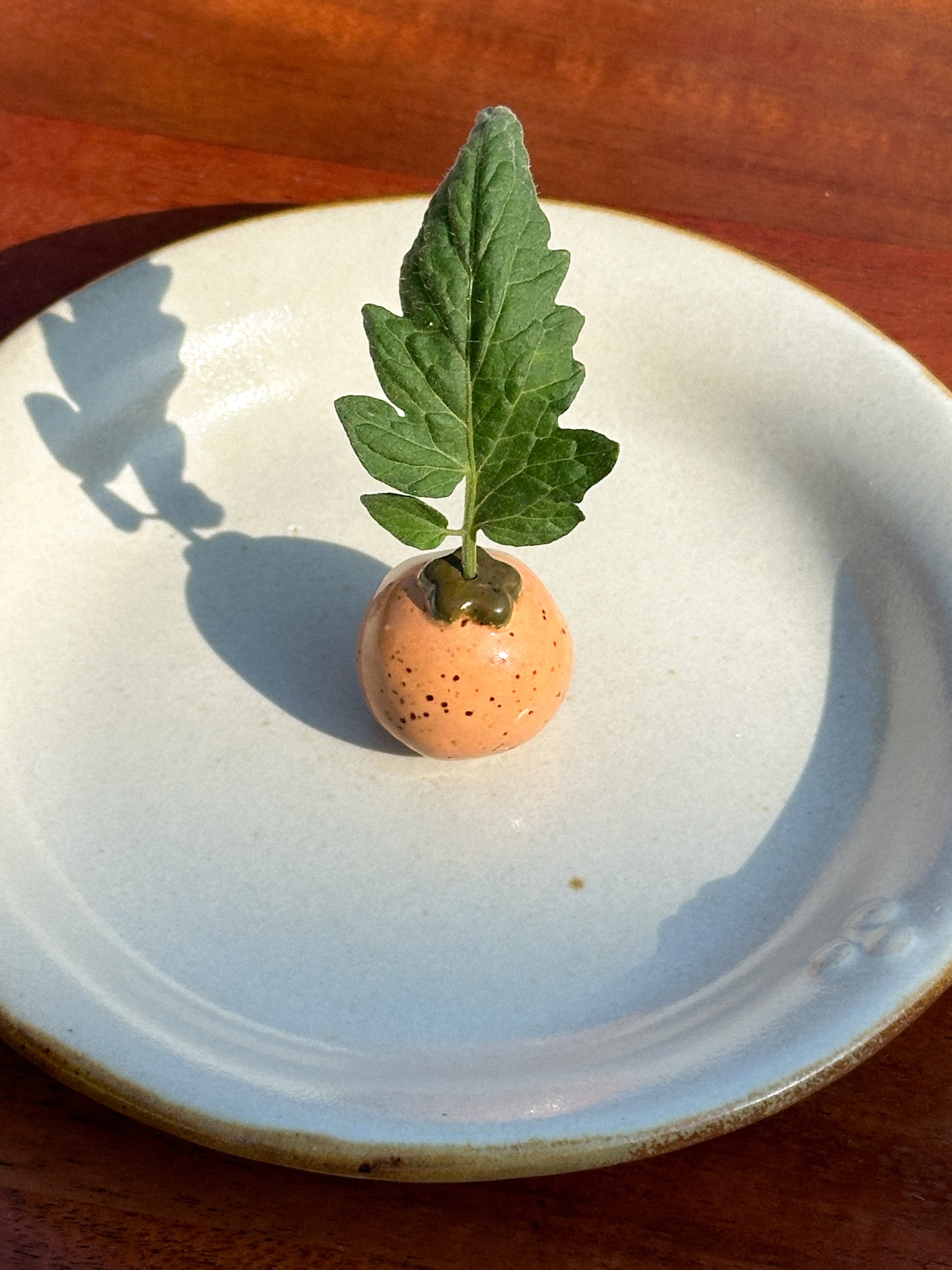 A mini speckled orange ceramic tomato vase with a tomato leaf 