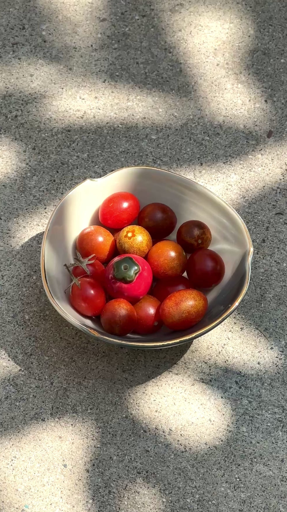 A bowl of red cherry tomatoes and one mini ceramic tomato vase